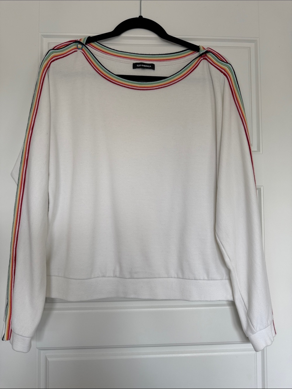 525 America White Crewneck Sweatshirt with Rainbow Stripe Trim